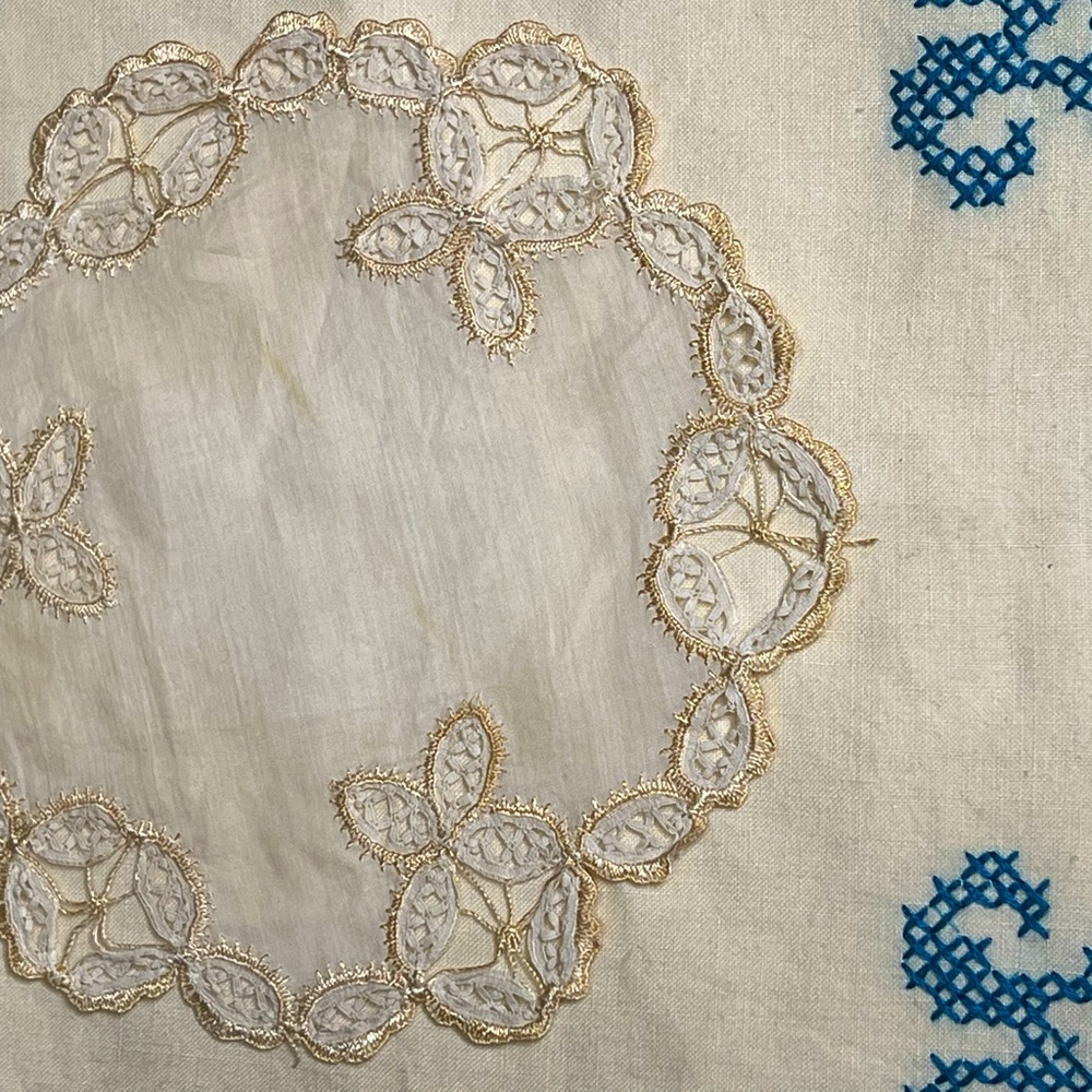Prettiest Linen Ribbonwork & Gold Linen Doily